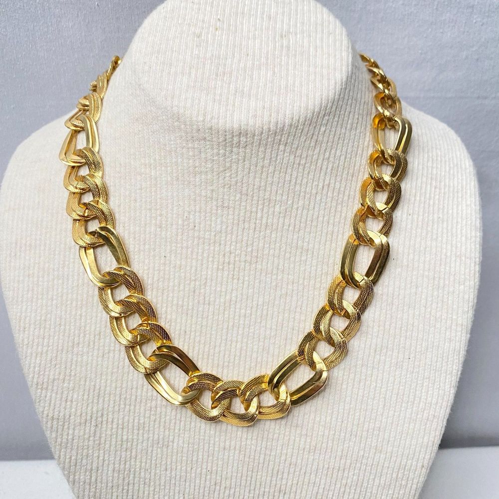 💎Unisex Necklace Gold Tone Heavy Chain Choker Textured Links Box Clasp